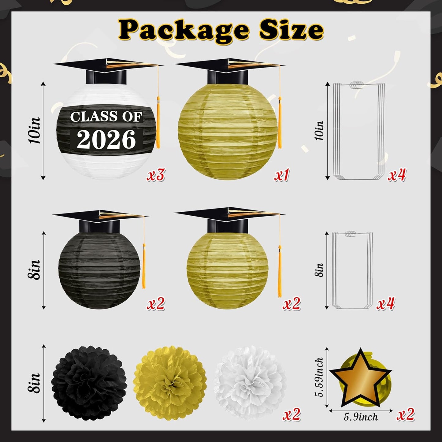 16 Linternas Papel Graduación Negro Dorado Estilo 1