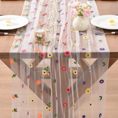 Camino mesa margaritas blancas bordado floral gasa tul transparente