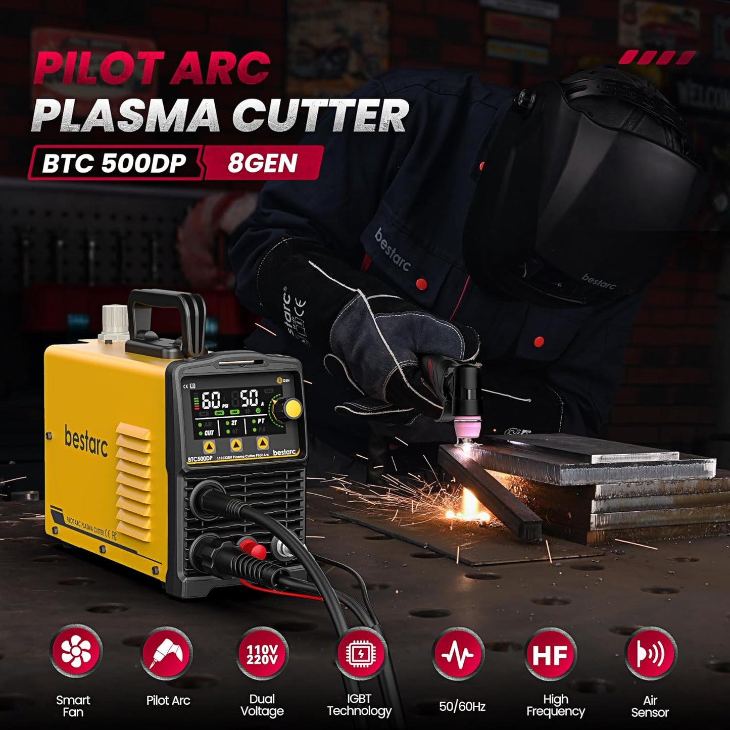 Cortador plasma 50A 110/220V pantalla LED corte 1/2pulg amarillo