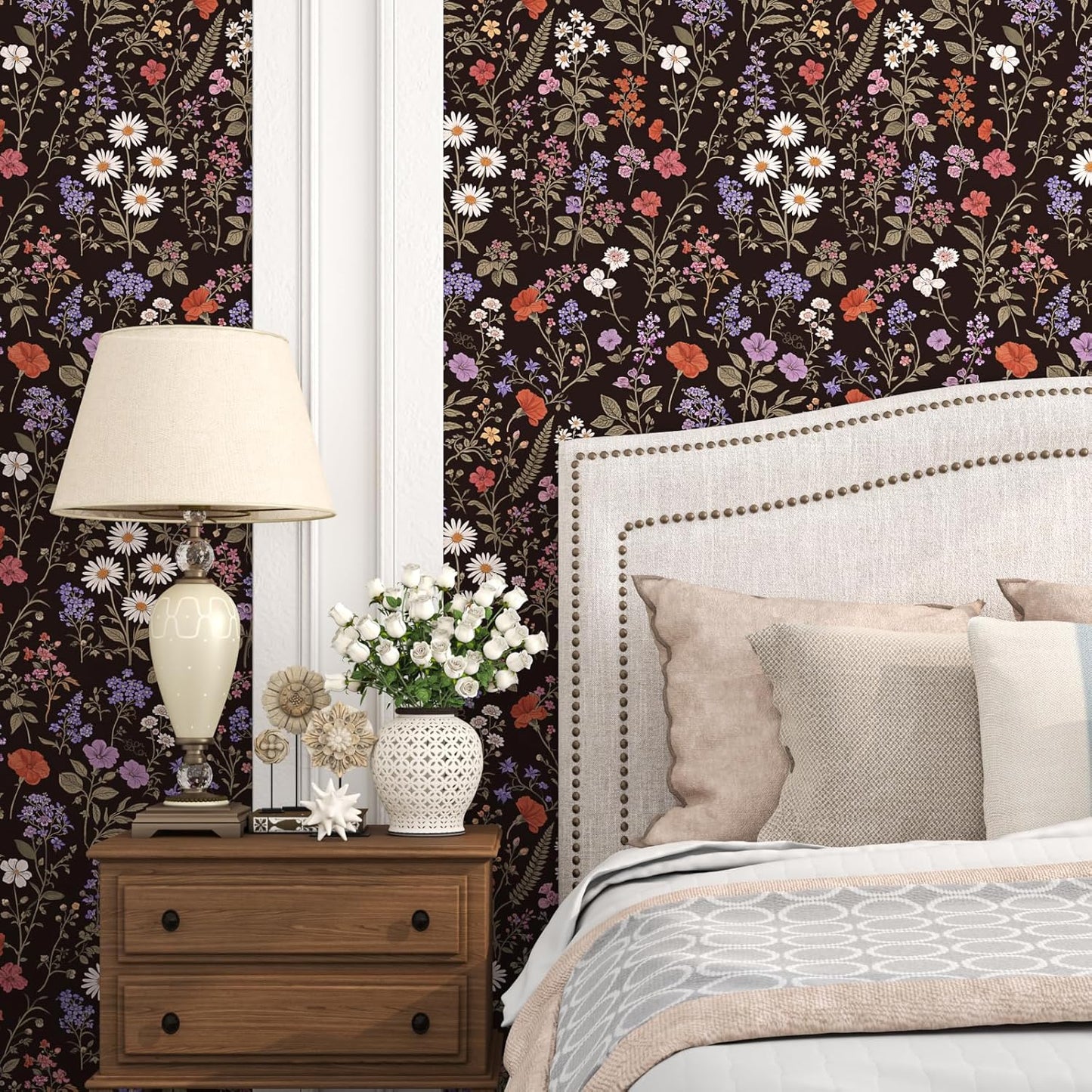 Papel tapiz floral negro autoadhesivo 17.5x78.7pulg