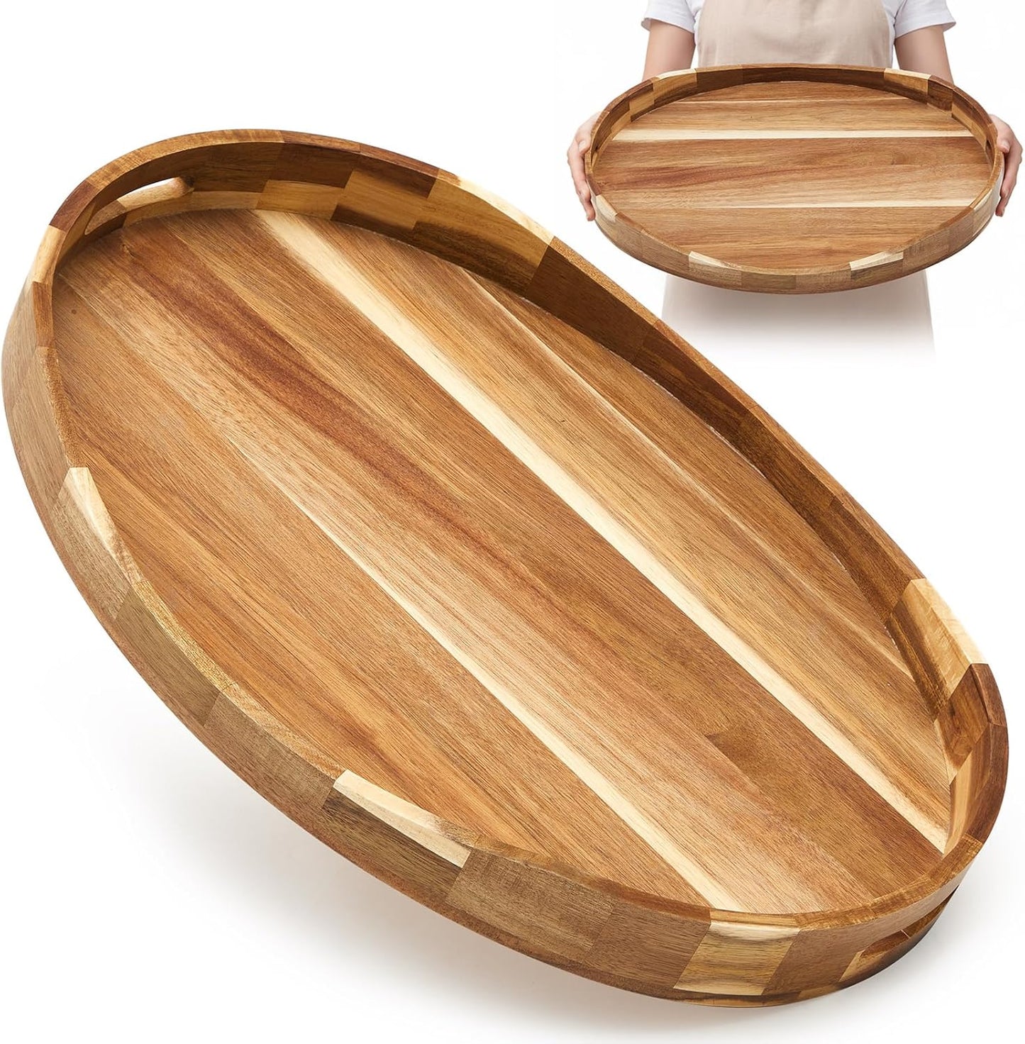 Bandeja otomana extra grande de madera de acacia con asas