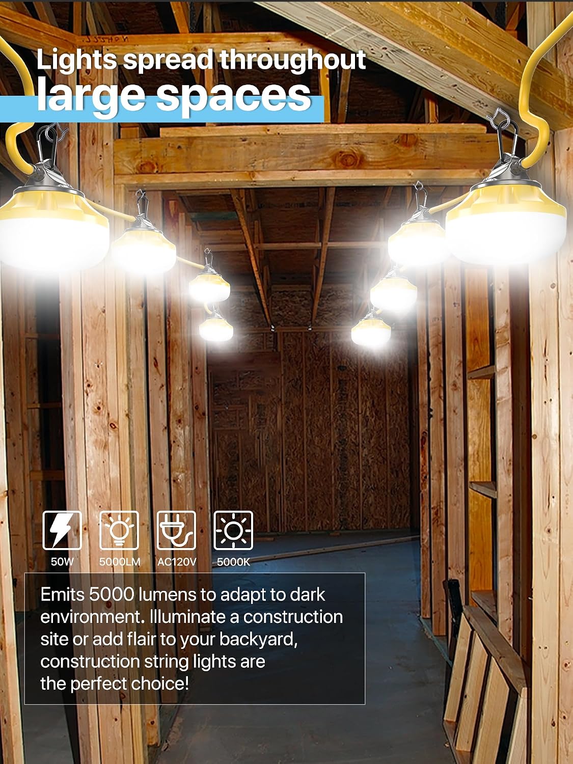 Luces cadena construcción 50ft 5 bombillas IP65 impermeable