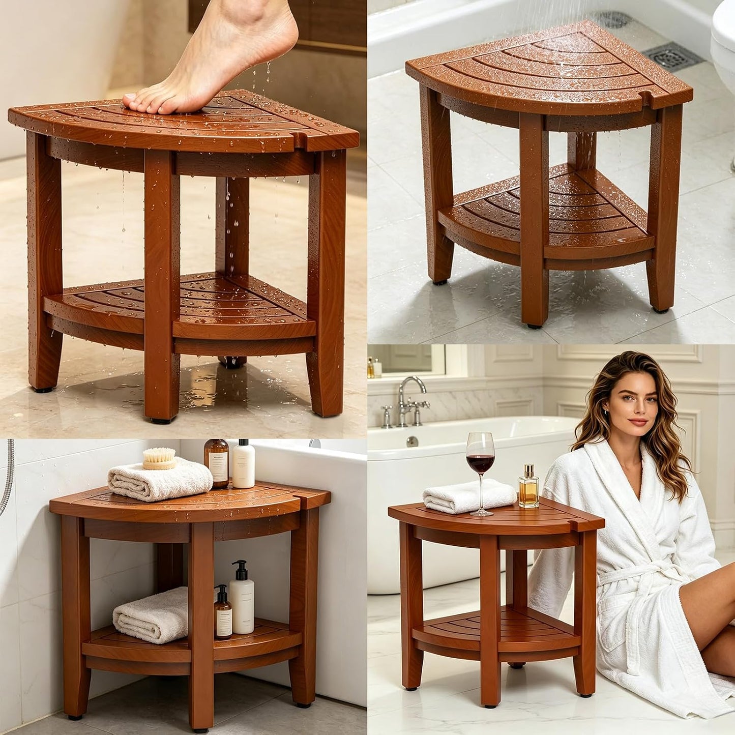 Taburete esquinero teca 18pulg ducha baño impermeable con estante