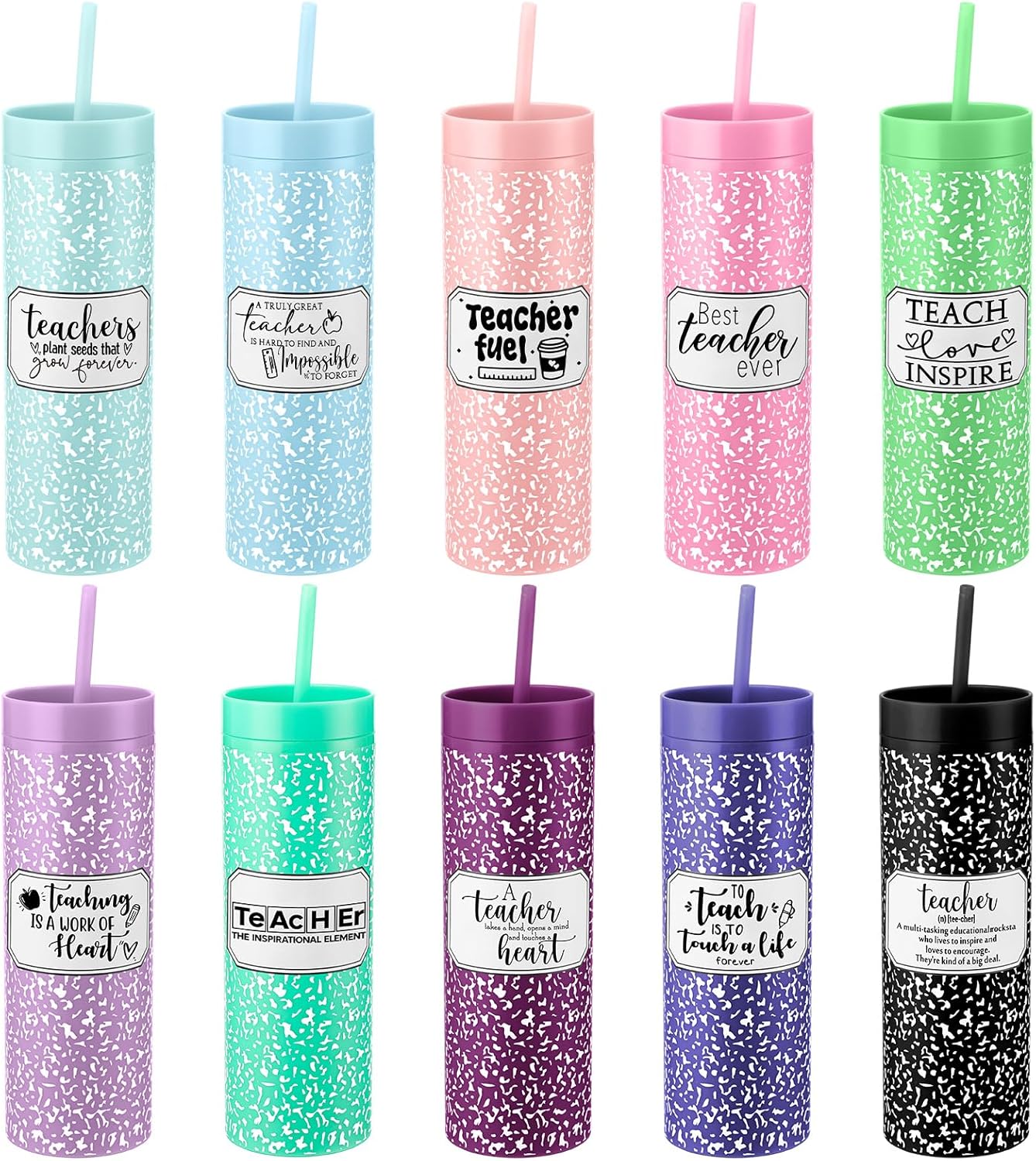 10 Vasos Plástico 16oz Con Tapa Pajilla Regalo Profesor