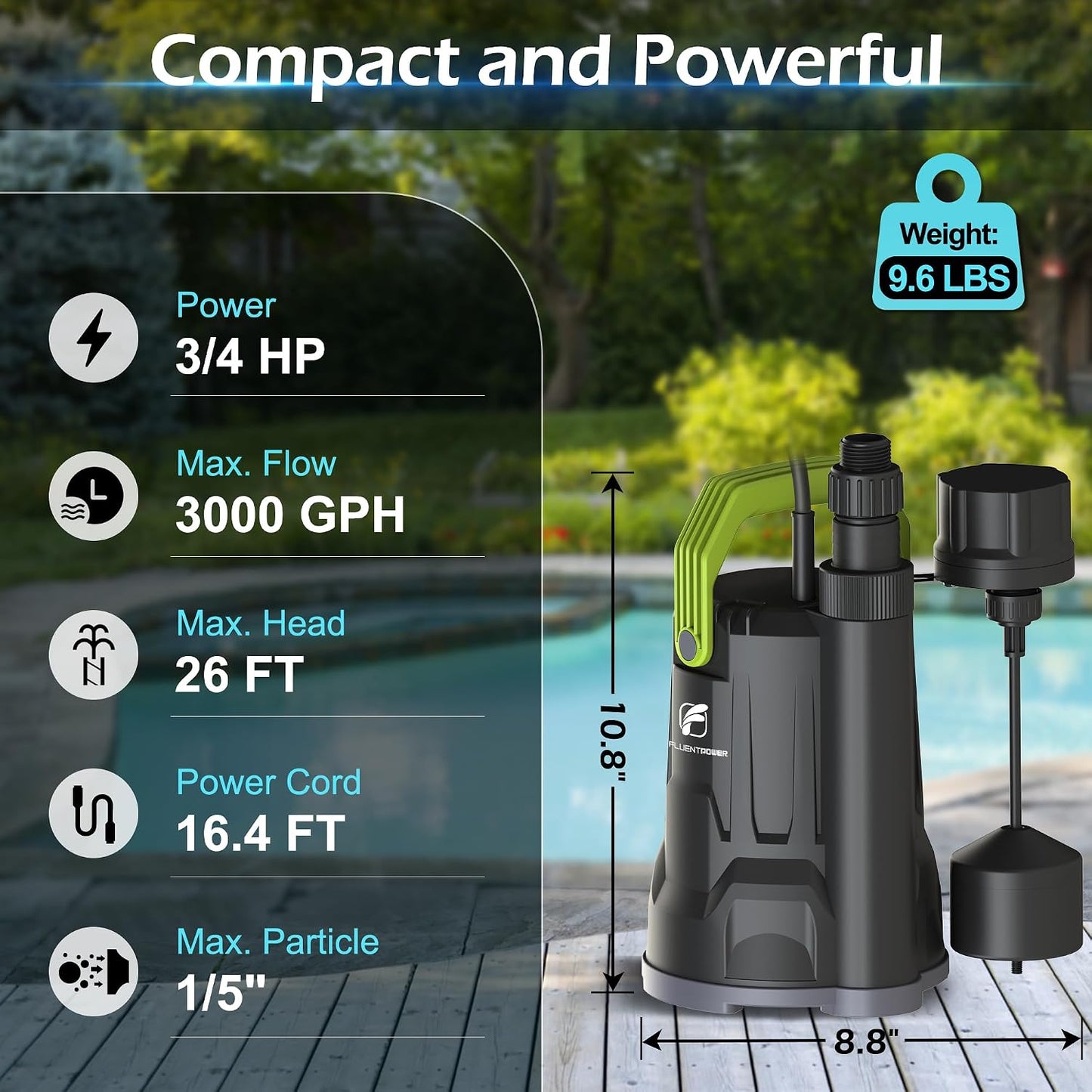 Bomba sumergible 3/4 HP 3000 GPH con flotador para piscina jardín
