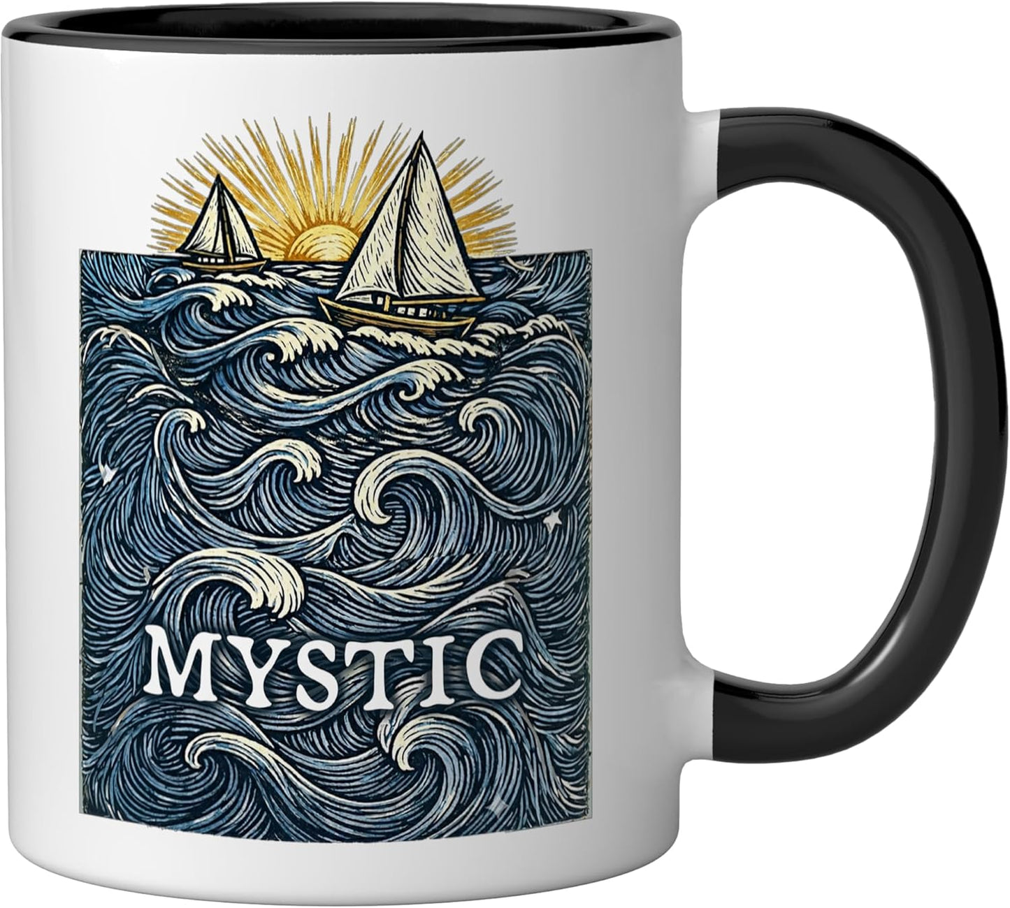Taza Cerámica Barco Velero Sol Ola Negro Blanco