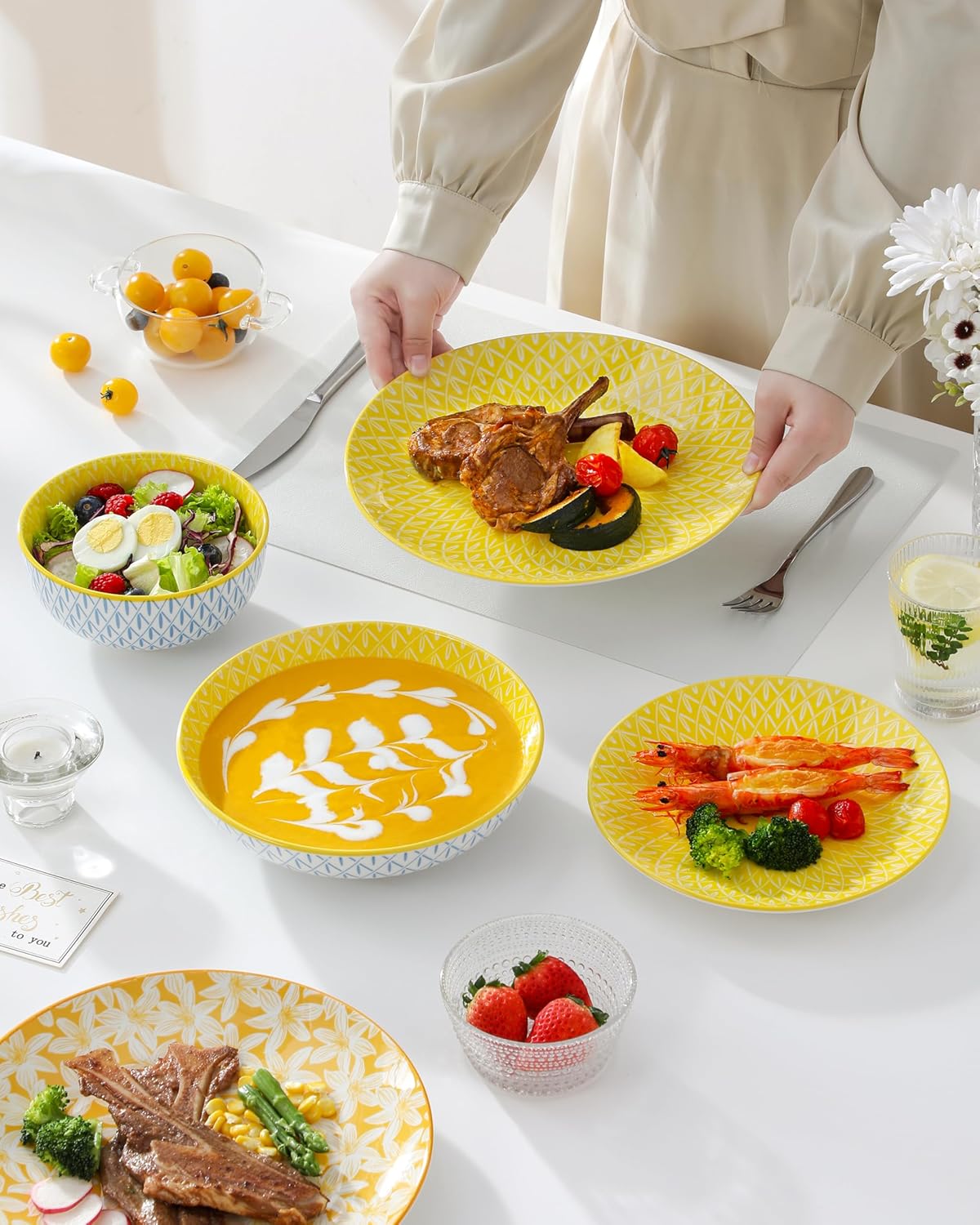 Set 24 Pzas Comida y 6 Pzas Cuencos Pasta 8.5pulg Porcelana