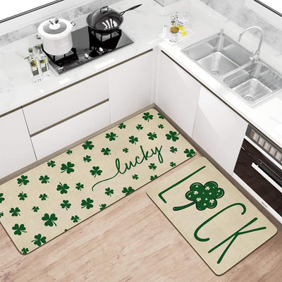 Juego de 2 alfombras de cocina con tréboles de la suerte verde antideslizantes