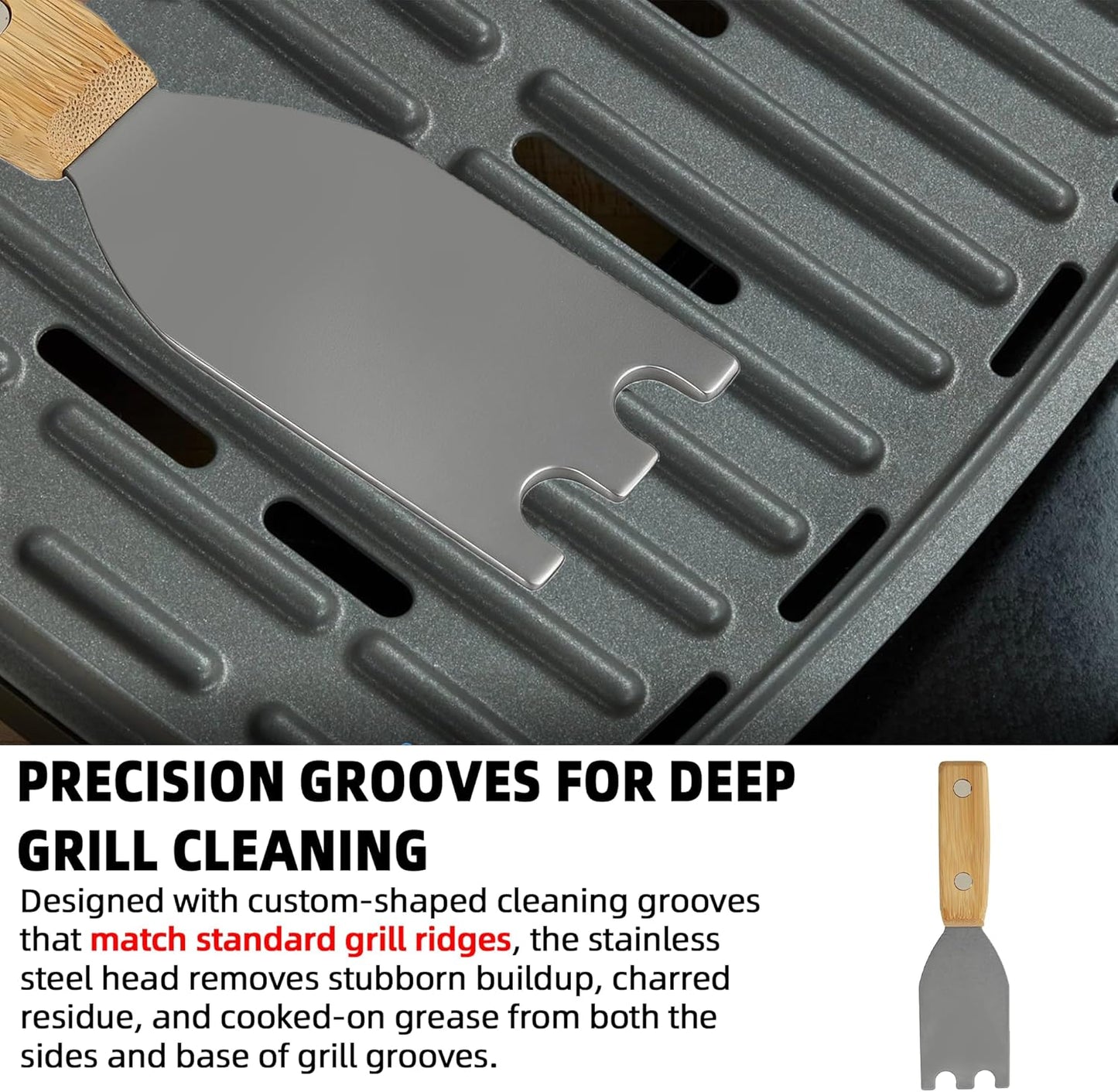 Rascador de parrilla de bambú con cabeza de acero inoxidable compatible George Foreman