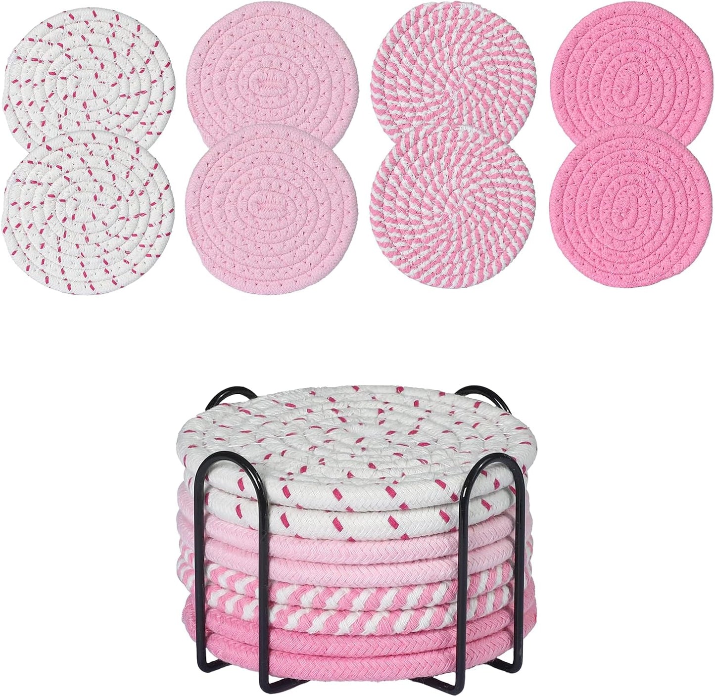 Juego de 8 posavasos absorbentes de algodón con soporte en rosa