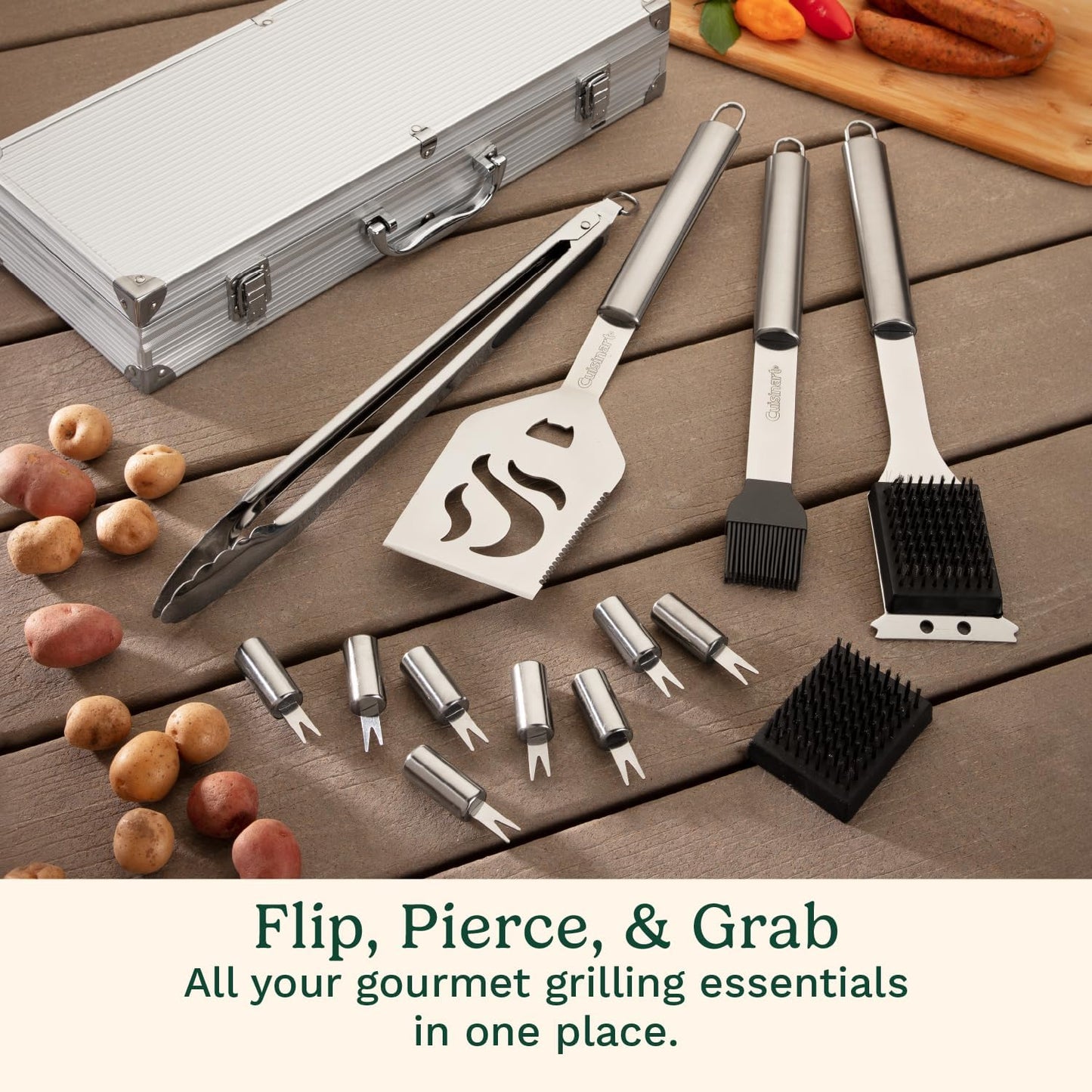 Set 14 Pzas Parrilla Acero Inox Kit Asar con Espátula y Pinzas