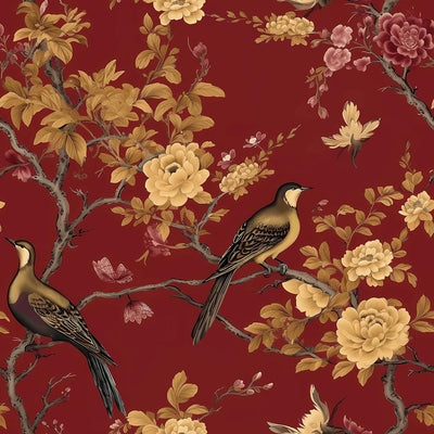 Papel tapiz chinoiserie rojo dorado floral 17.5x10pies