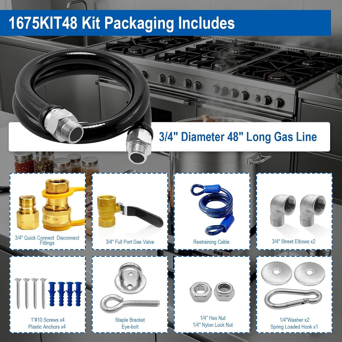 Kit seguridad gas 48pulg con 2 codos y válvula conexión rápida