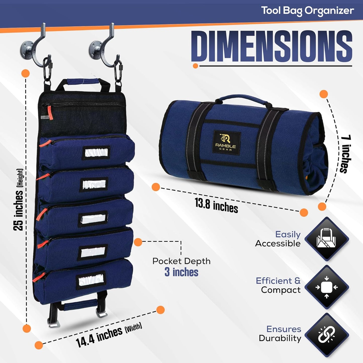 Organizador bolsas herramientas 5 bolsillos lona resistente azul