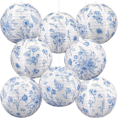 8 Faroles Chinoiserie 12pulg Azul Blanco Estilo Floral para Fiesta