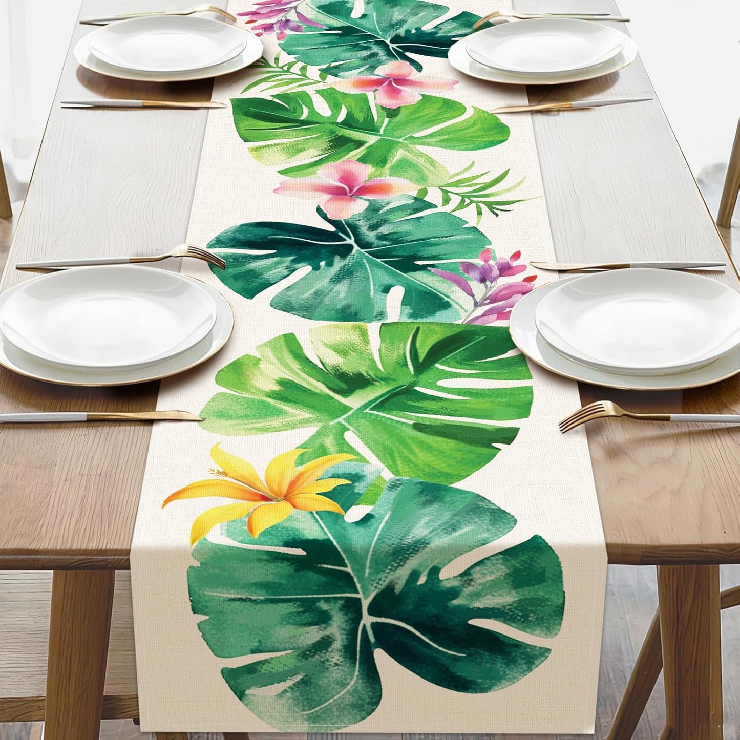 Camino mesa comedor decoración tropical hibisco