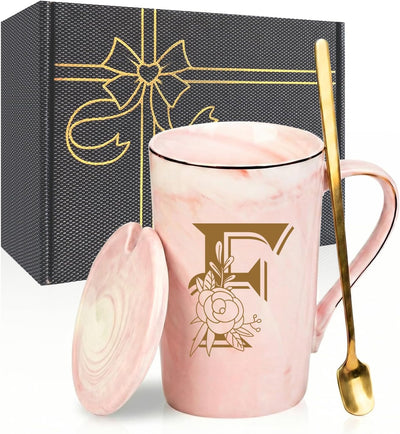 Taza personalizada con letra F para mujer, 14 oz, rosa, con tapa y caja de regalo