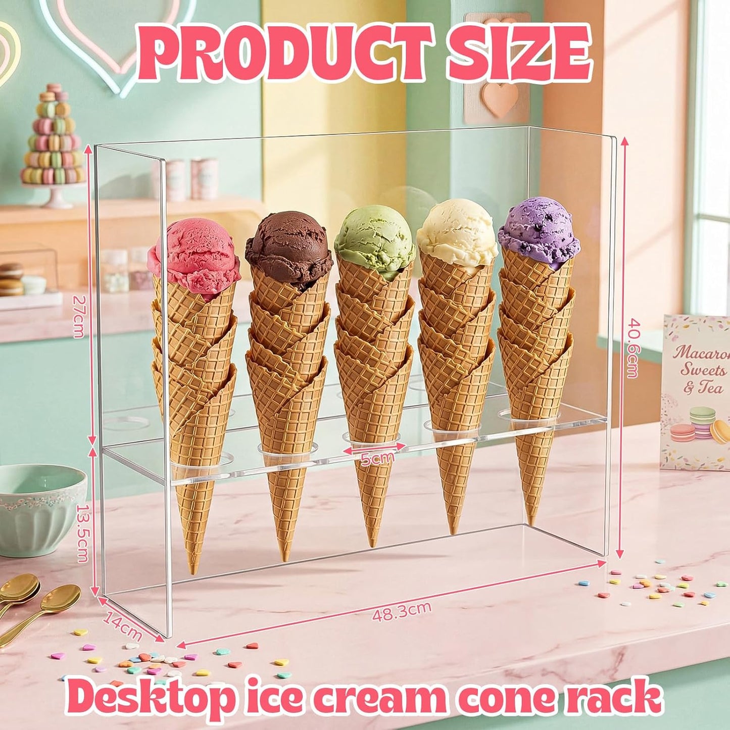 Soporte cono helado acrílico transparente 19x9x22pulg