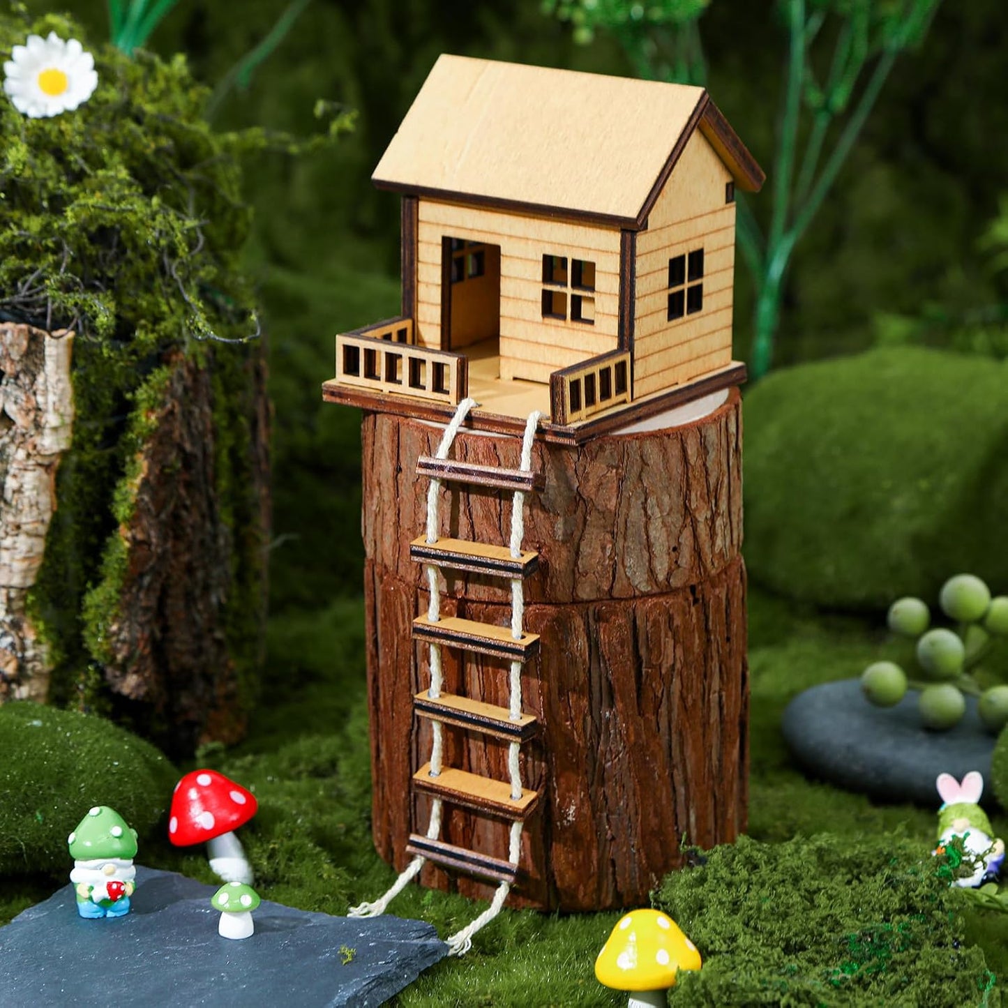 Casa del árbol madera mini para maceta jardín hadas