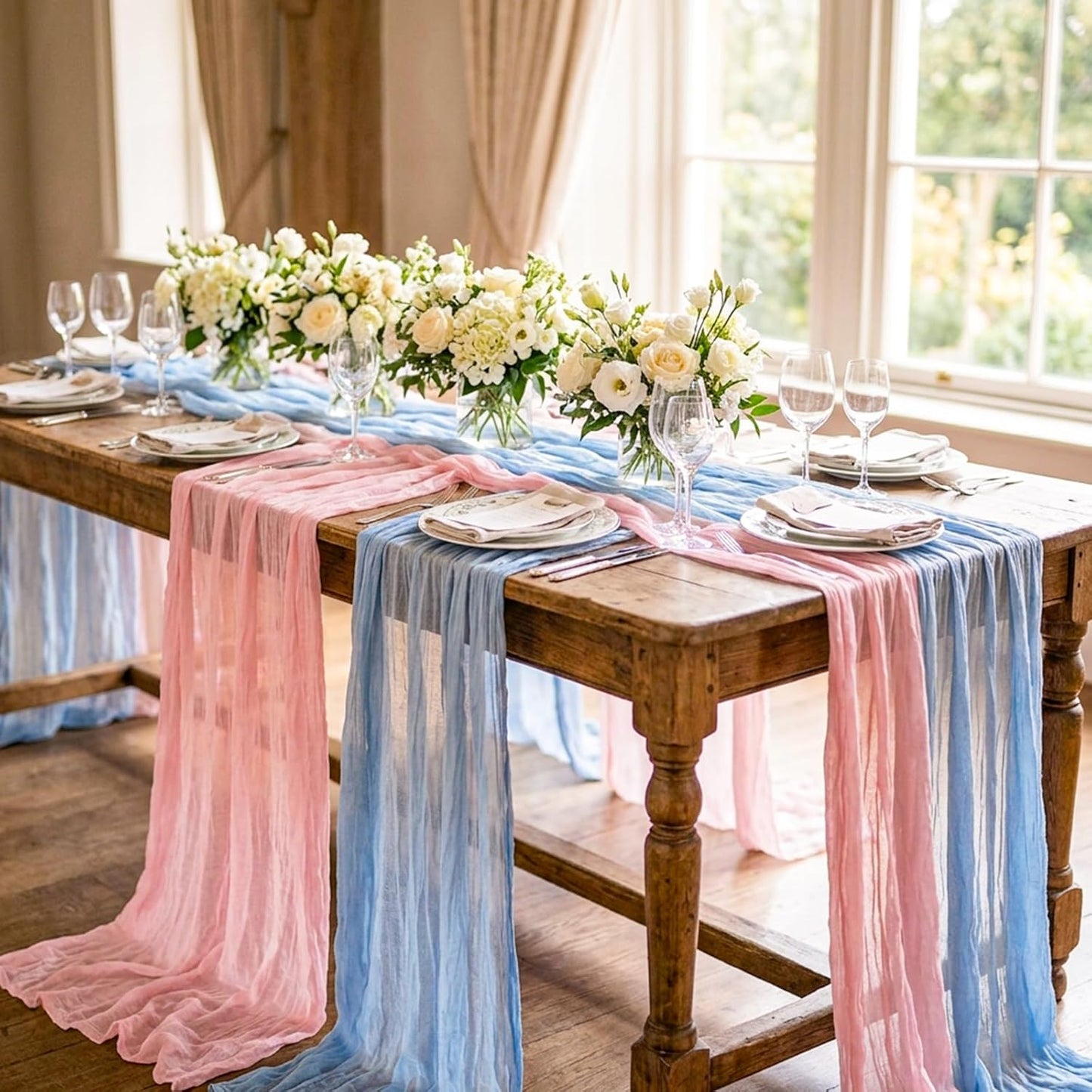 Camino de mesa estopilla rosa y azul estilo bohemio para baby shower y bodas
