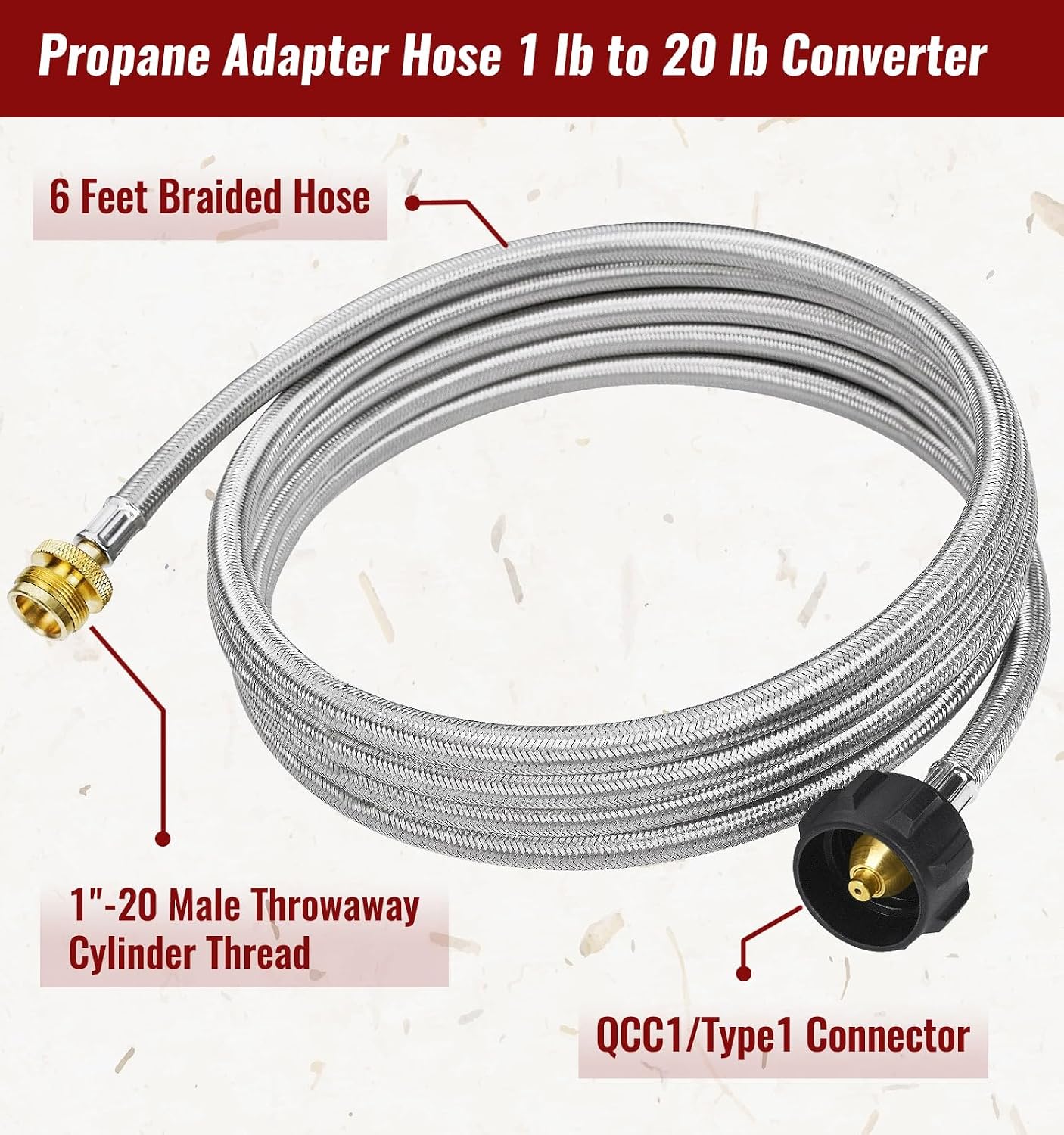 Manguera propano 12ft adaptador 1libra a 20libra acero inox