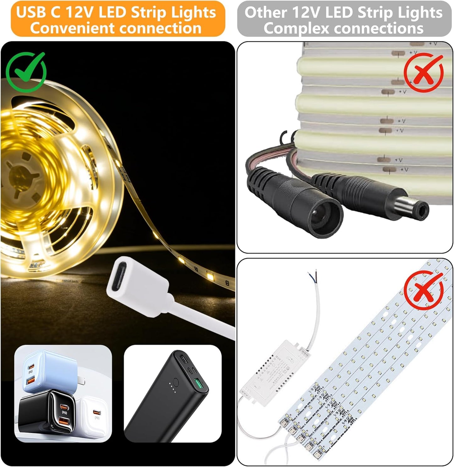 Tira luces LED USB C 12V 16.4pies iluminación cocina TV caravana