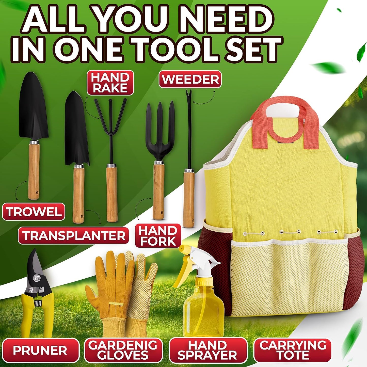 Set 9 herramientas jardinería acero inox múltiples bolsillos