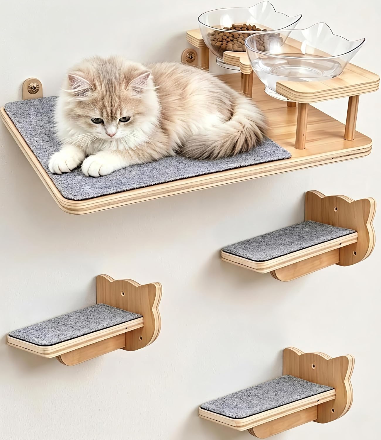 Estantes pared gatos con estación alimentación madera