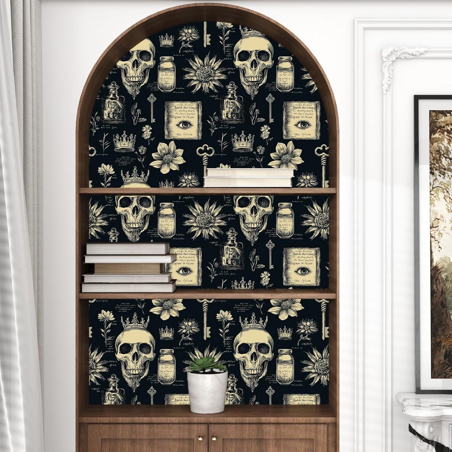 Papel tapiz calavera gótica bruja beige negro autoadhesivo