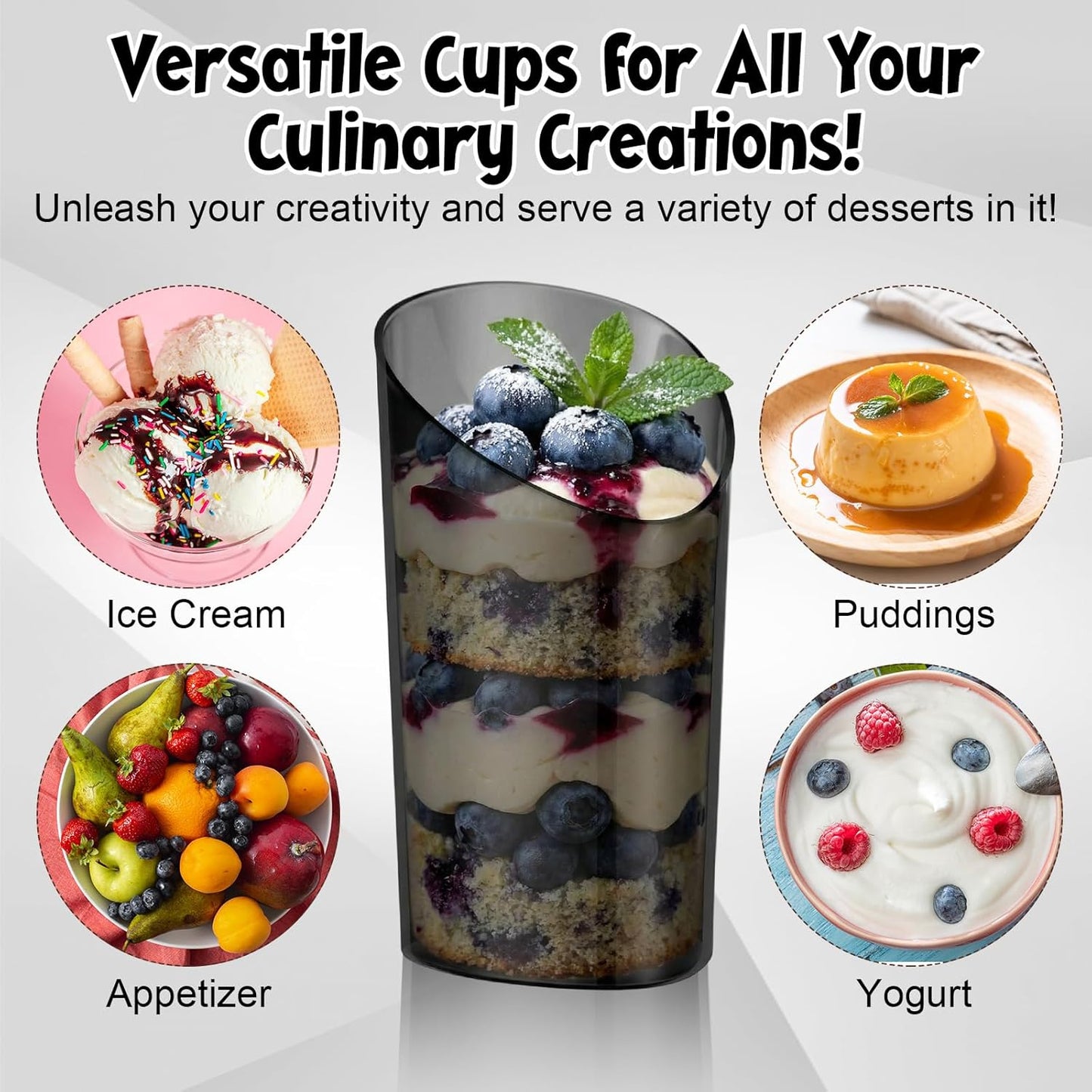 Juego de 50 mini tazas de postre con cucharas plástico negro redondo para yogur, mousse y fiestas