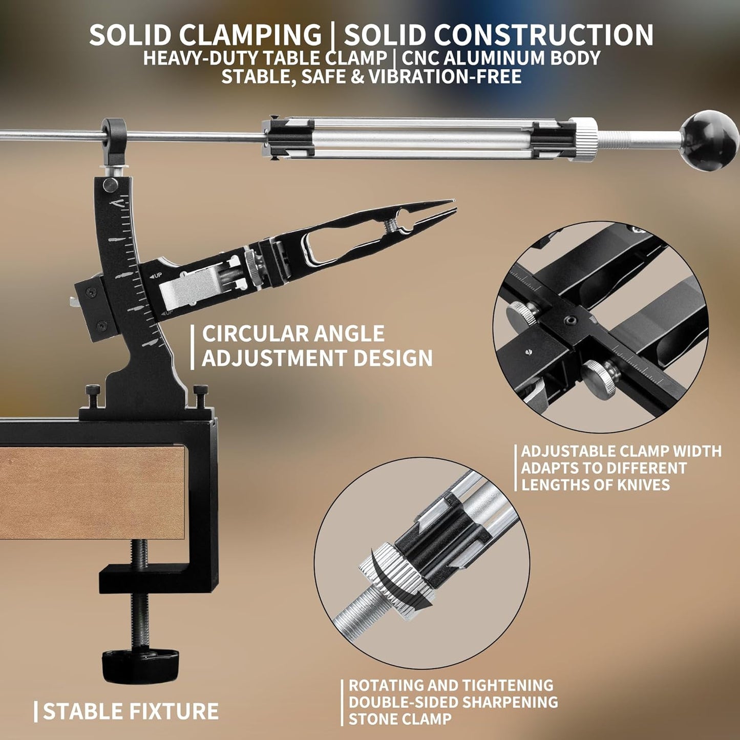 Sistema afilado cuchillos ajuste 9-25° aluminio CNC con clip 360°