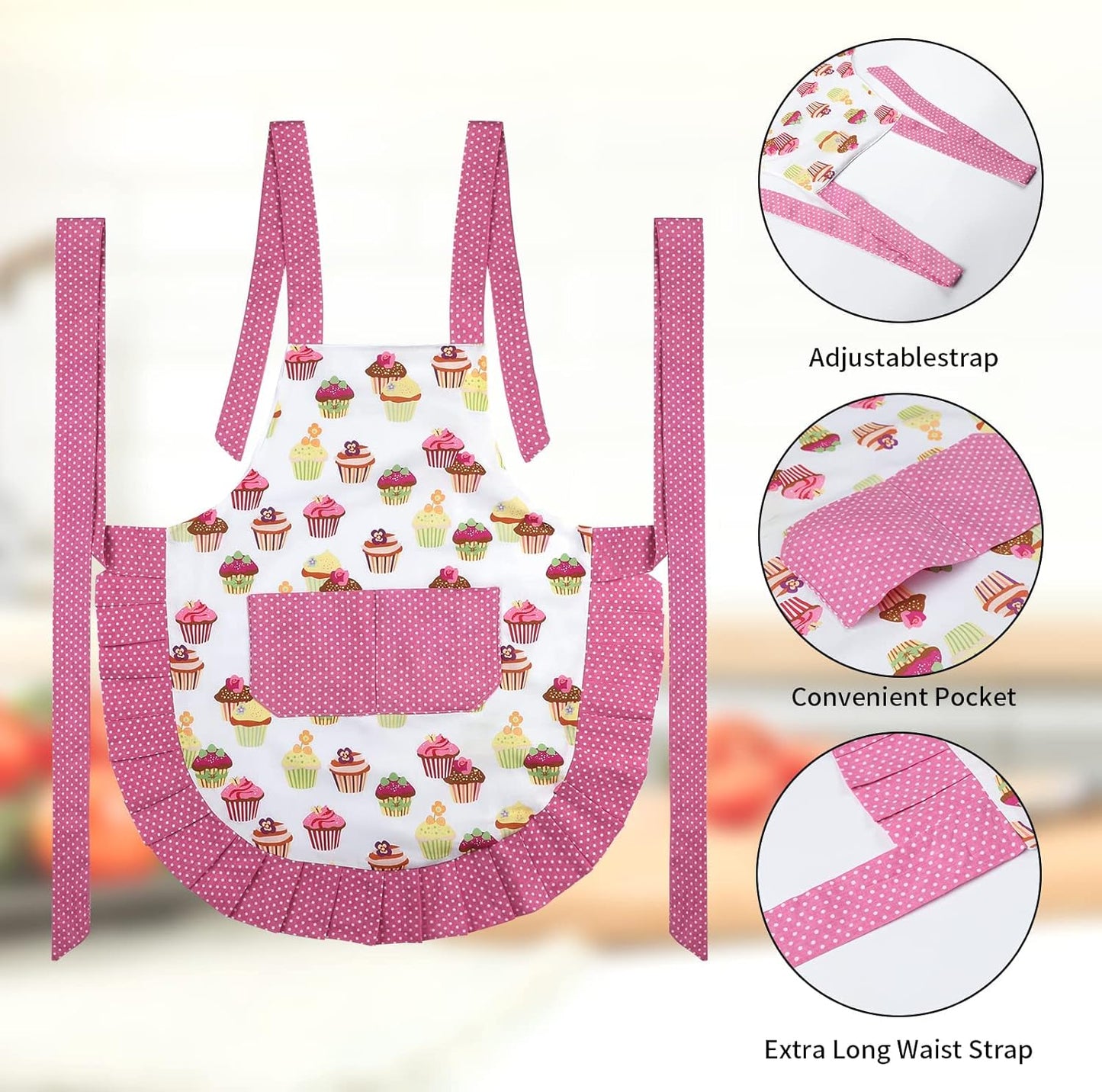 Delantal de algodón para niña con bolsillo, rosa, cocinar y hornear