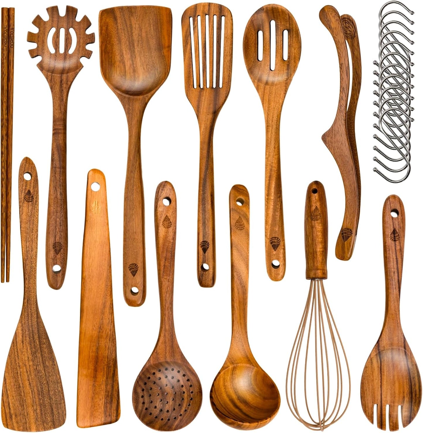 Set 12 cucharas madera teca antiarañazos con ganchos