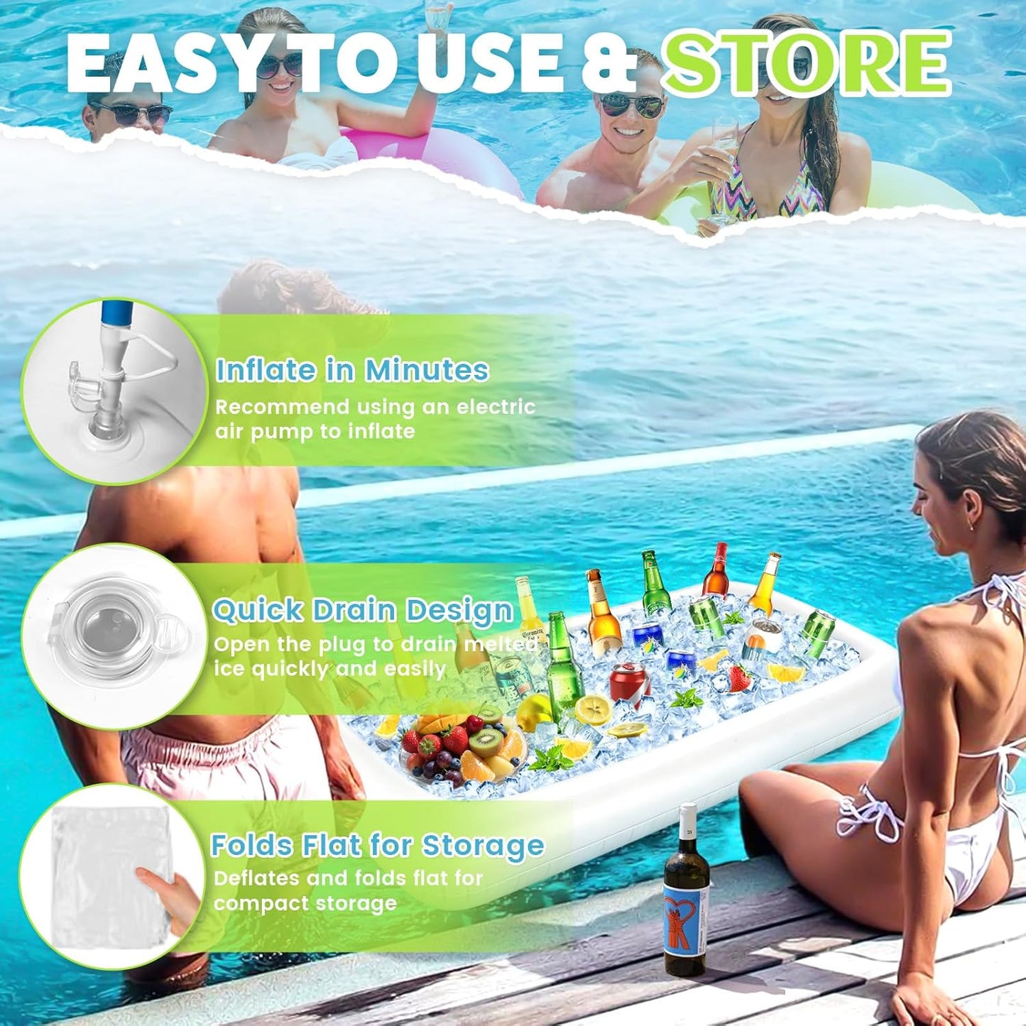 Barra de hielo inflable grande para fiestas en la piscina, barbacoa, picnic y camping