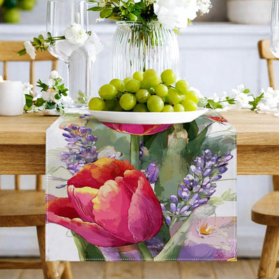 Camino de mesa floral de primavera 13 x 72 pulgadas arpillera con tulipanes y mariposas