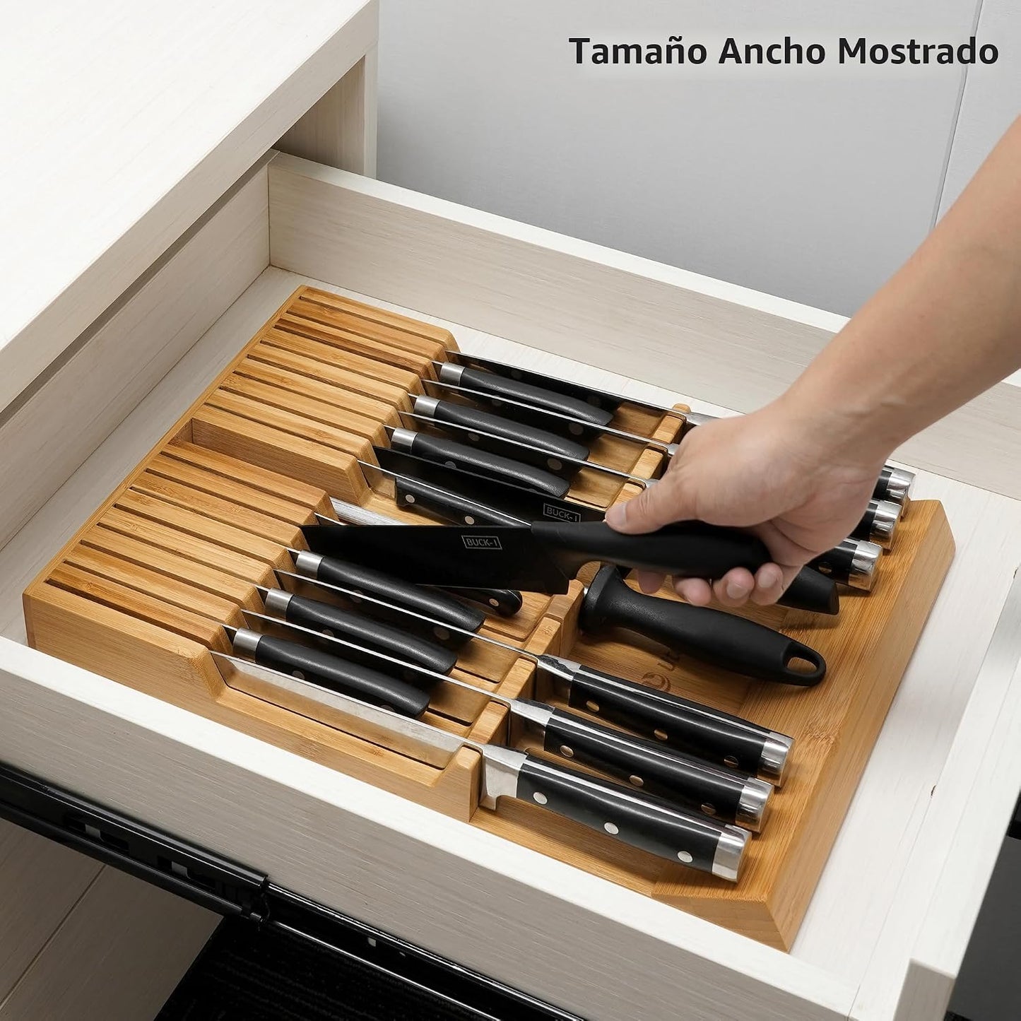 Bloque cuchillos bambú con asa soporte carne 16 pzas