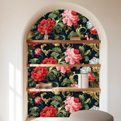 Papel tapiz floral peonía azul oscuro flores rojas