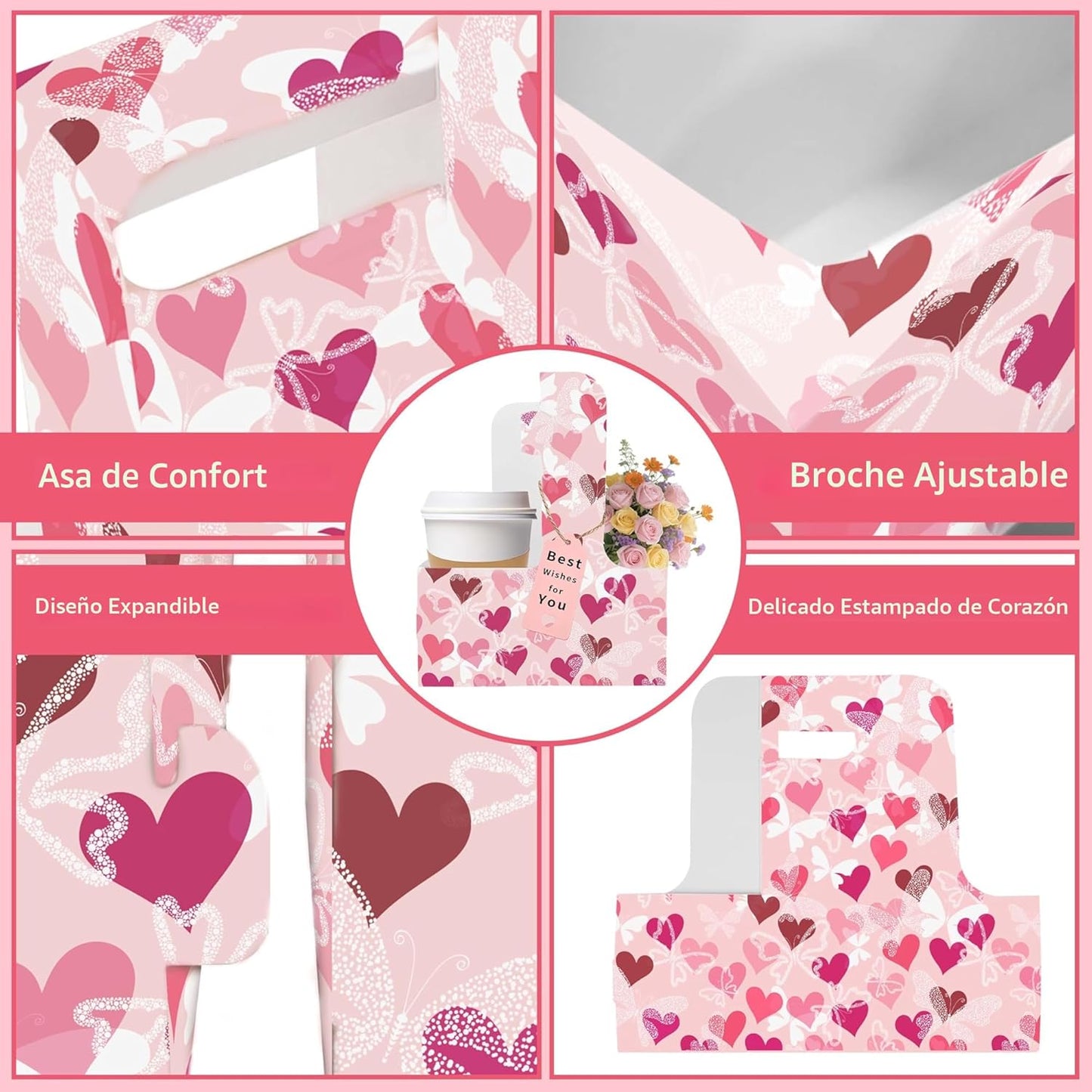 Set 8 portavasos cartón con asa y cinta regalo rosa