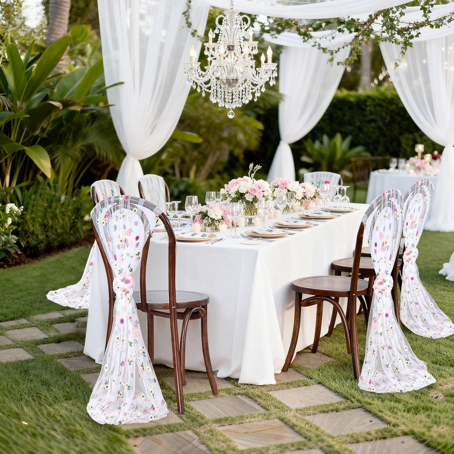 Camino de mesa floral blanco bohemio de 10 pies gasa bordada para decoracion
