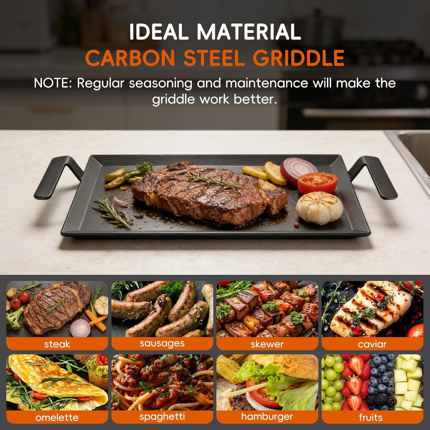 Plancha acero carbono compatible induccion gas horno hasta 1200°F