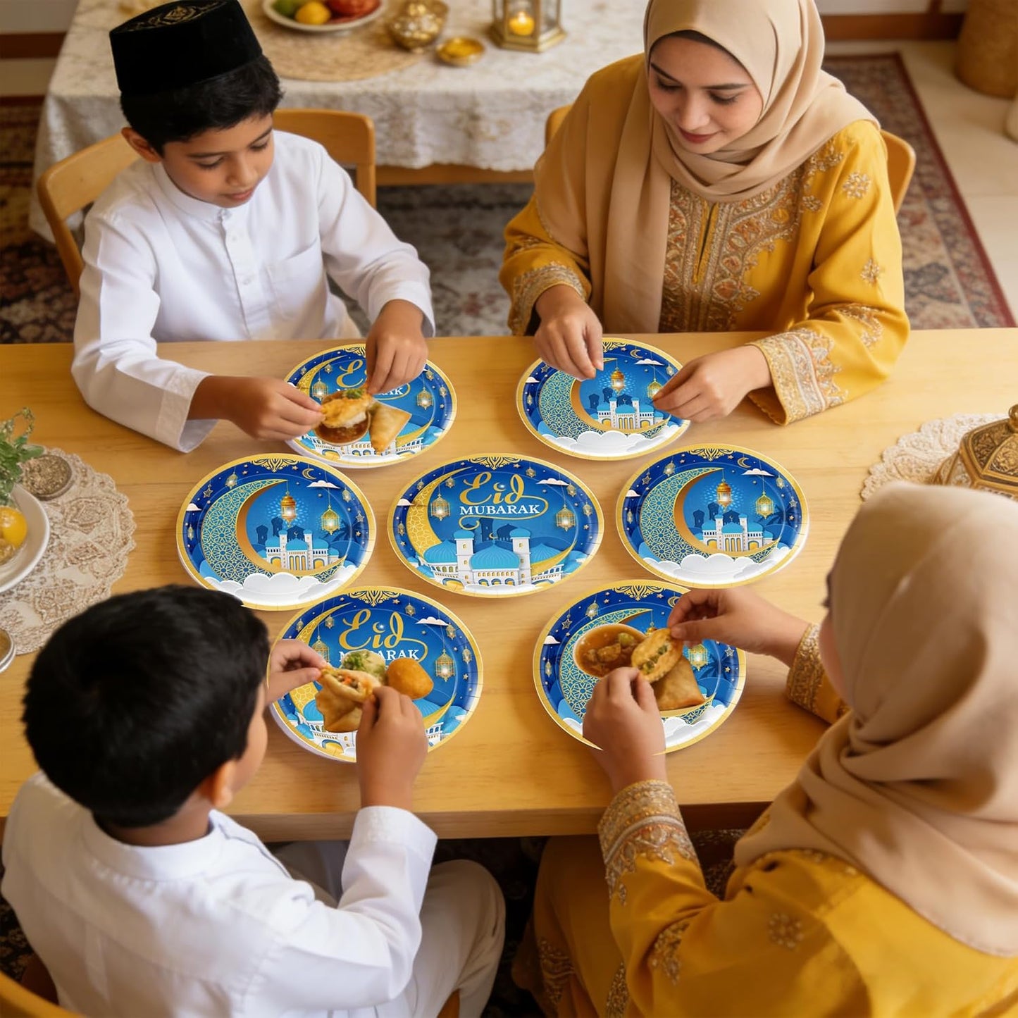 24 Platos Ramadán 9pulg Azul Dorado Eid Mubarak