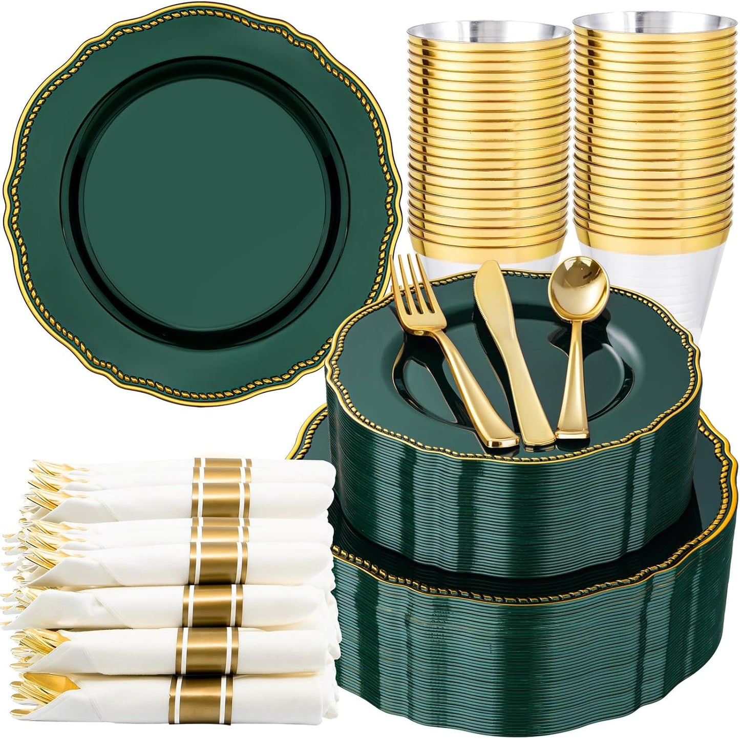 Set 350 platos plástico dorado verde con servilletas
