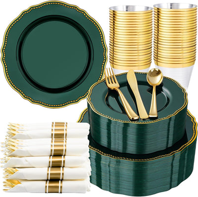 Set 350 platos plástico dorado verde con servilletas