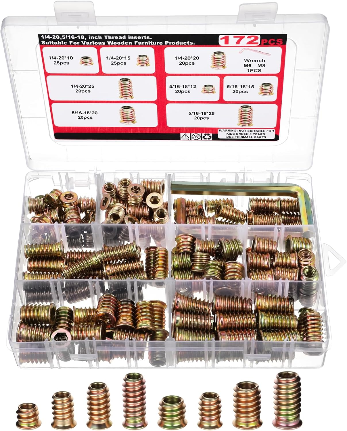 Kit 172 Insertos Roscados Madera 1/4-20 5/16-18 Acero