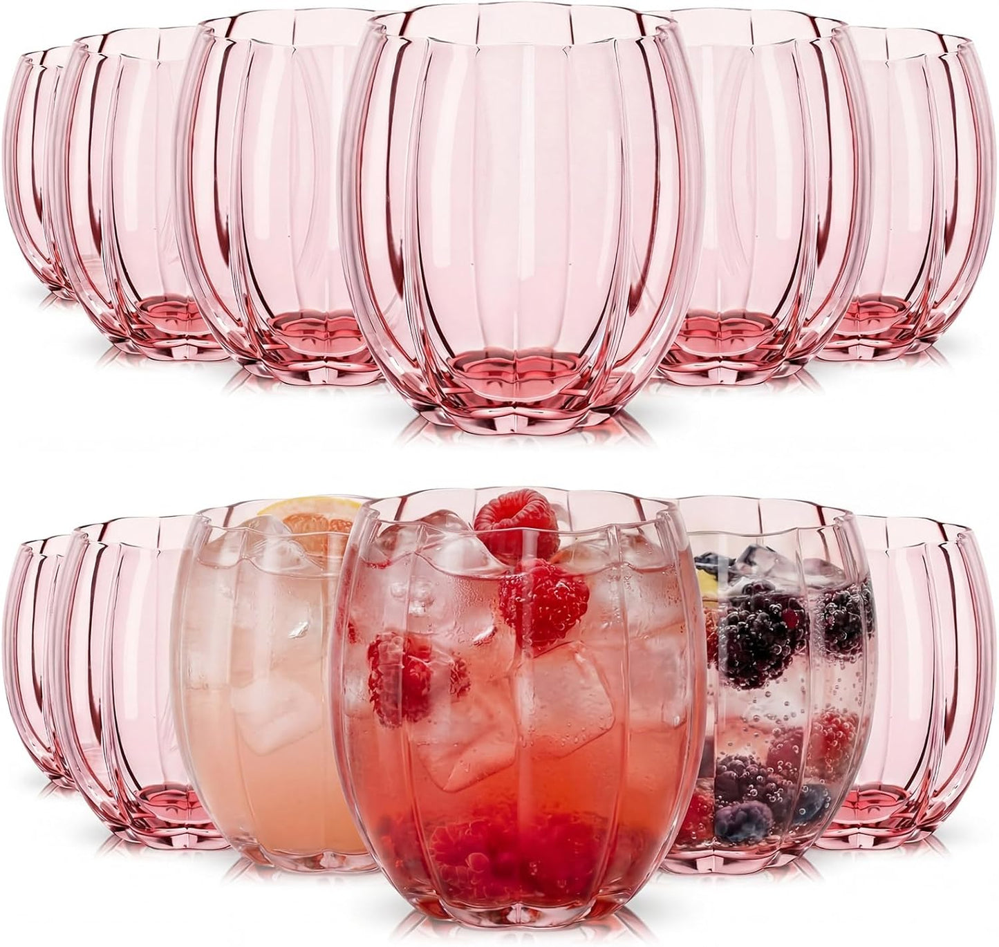 12 Pzas Vaso Vidrio Rosado 12oz para Cócteles y Eventos