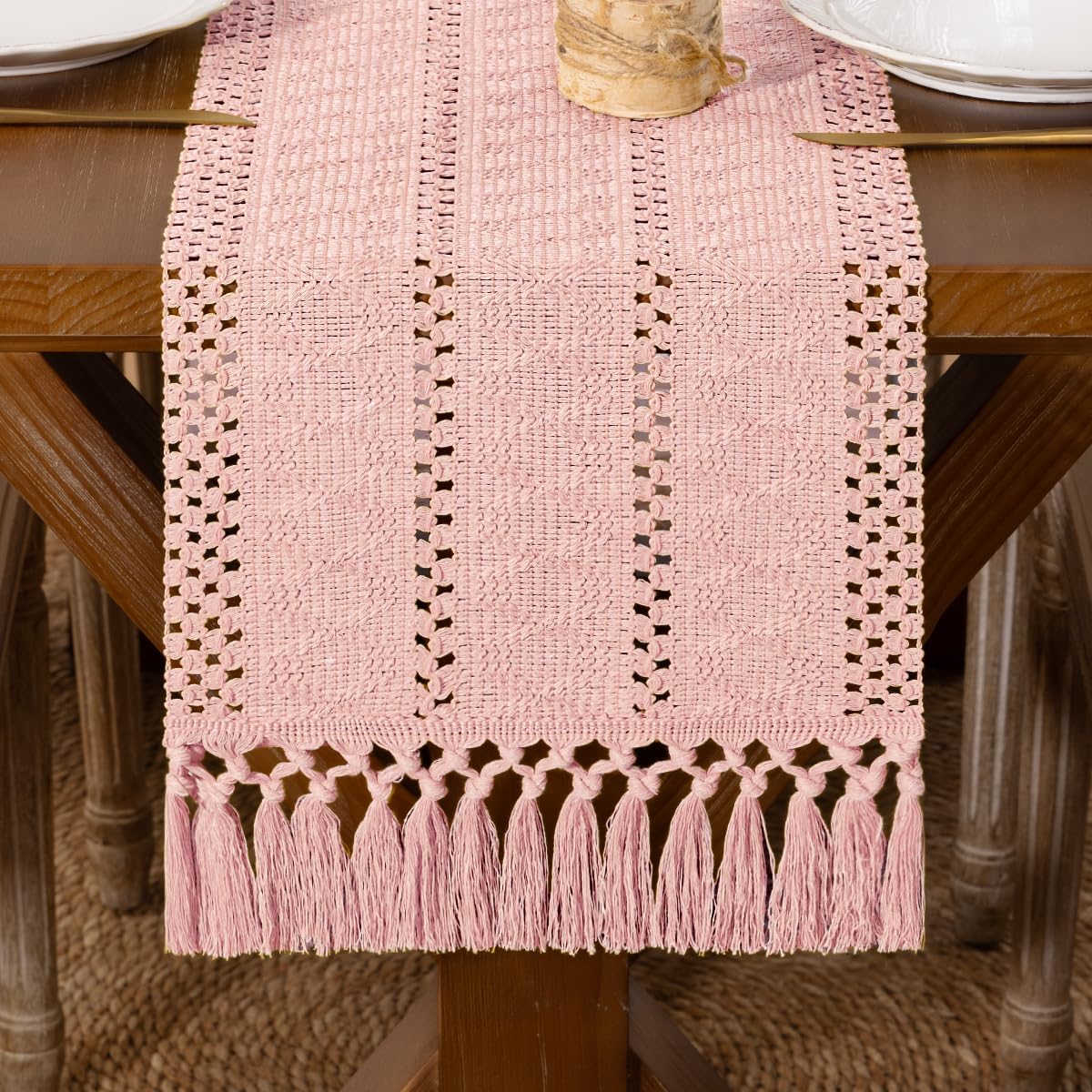 Camino mesa macramé bohemio 36pulg color rosa algodón lino