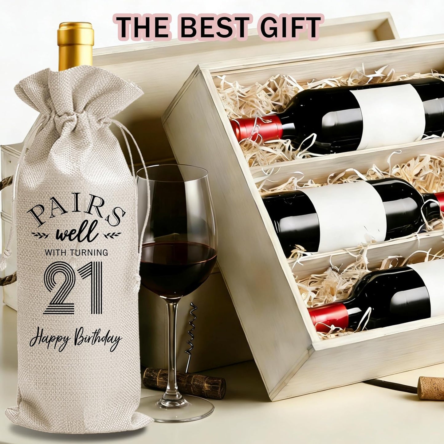 Bolsa regalo vino cumpleaños 21 con cordón y tarjeta