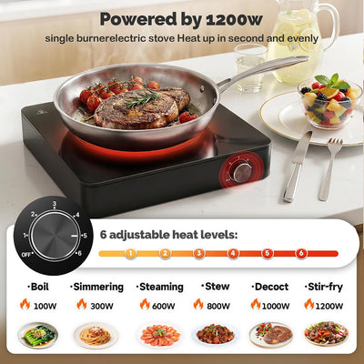 Placa eléctrica portátil 1200W 110-120V con 6 niveles de potencia