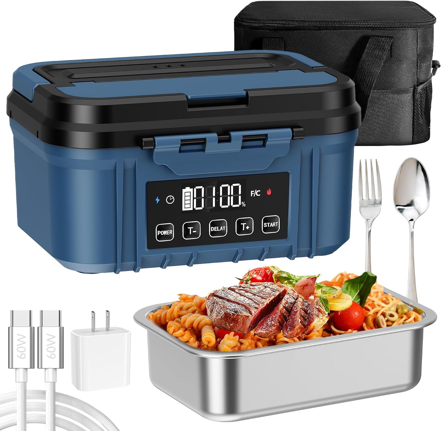 Fiambrera eléctrica inalámbrica acero inox 1.2L con temporizador