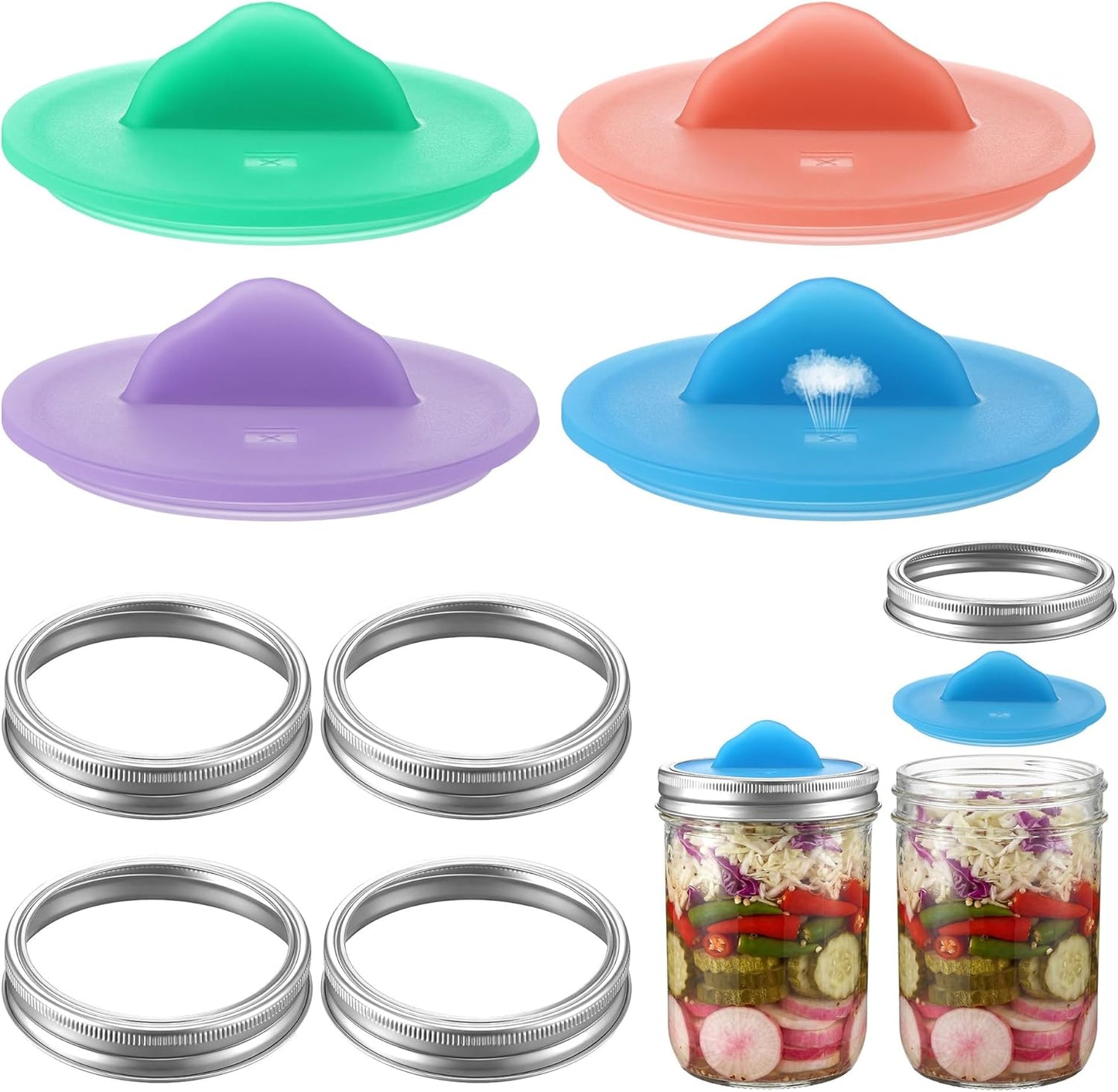 Kit fermentación 8 piezas con tapas y anillos para tarros Mason de 3 pulgadas sin BPA